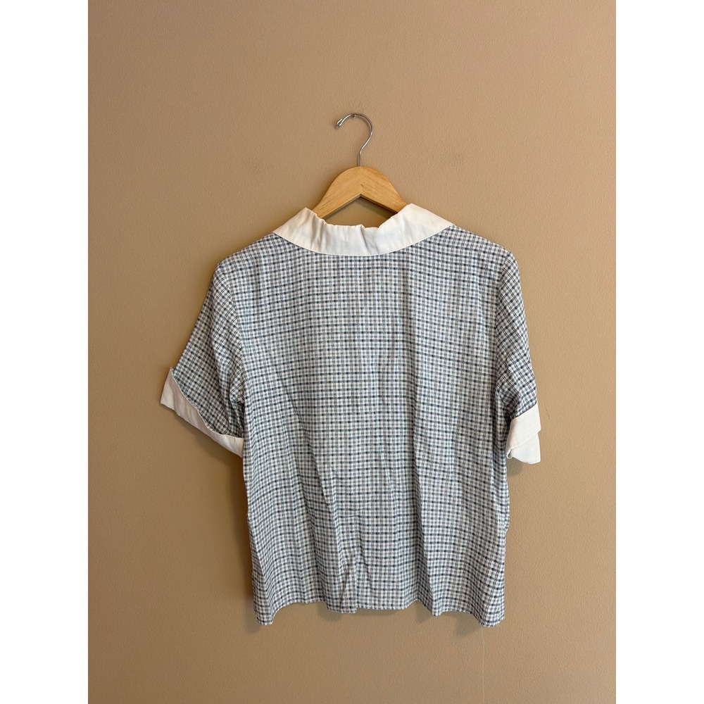 Vintage Blue White Plaid Button Up Blouse Camp Collar Short‎ Sleeve Large USA - Picture 3 of 9